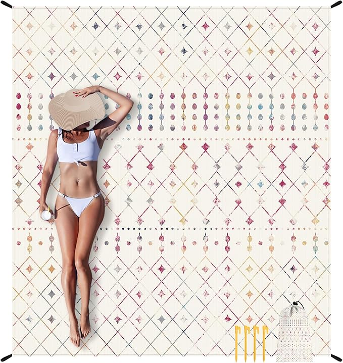 Extra Large Beach Blanket Waterproof Sandproof, Polyester Oversized Beach Mat for 8 Adults w/Stakes and Sand Pocket, Quick Drying & Lightweight Picnic Blanket Beach Essential Accessory Must Haves