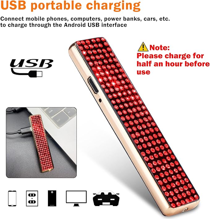 Rhinestone Lighter Electric Lighter Rechargeable Bling Glitter USB Lighter Flameless Girls Lighter for Women (red)