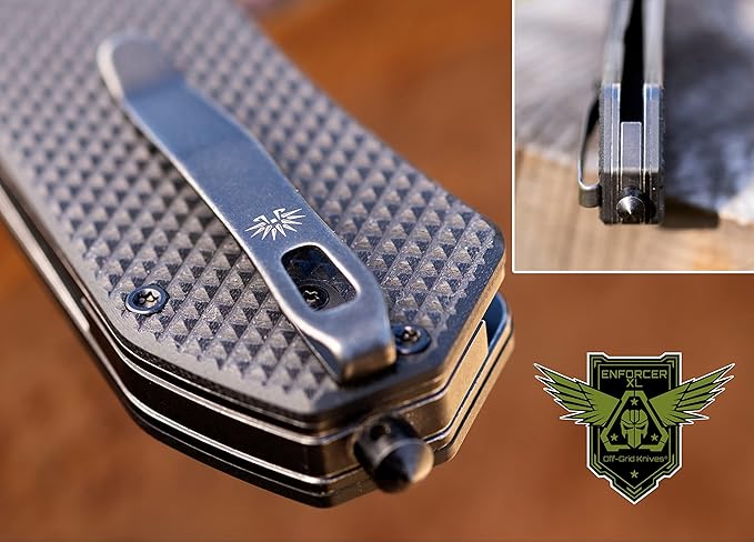 Off-Grid Knives - Enforcer XL Folding Knife w. 154CM Blade Steel, Tungsten Carbide Tip, Ceramic Bearings, Grippy G10, Oversized Handle, Deep Pocket Carry, Left & Right Hand