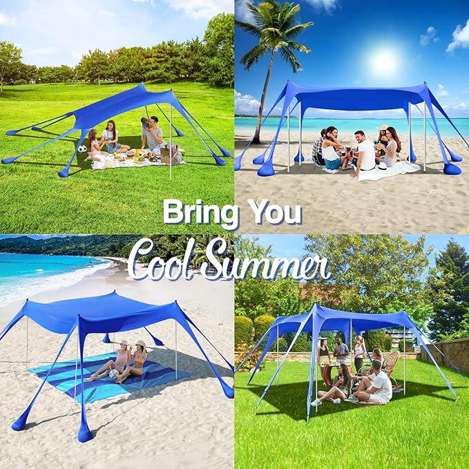 Rhino Valley Beach Tent Sun Shelter, Beach Canopy Tent Sun Shade UPF50+ Protection with 8 Sandbags 4 Stability Poles, Outdoor Beach Shade Canopy for Beach, Camping, Fishing