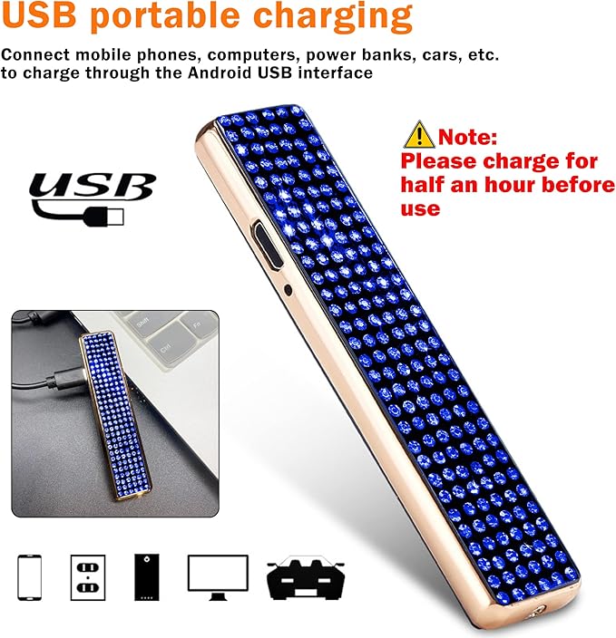 Rhinestone Lighter Electric Lighter Rechargeable Bling Glitter USB Lighter Flameless Girls Lighter for Women (Blue)