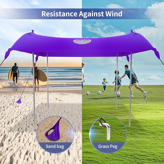 UMARDOO Family Beach Tent Canopy Sun Shade Portable, Large Compact Beach Sun Shelter Easy Setup with Packable Bag for Outdoor Travel (Purple, 12X12 FT. 4Poles)