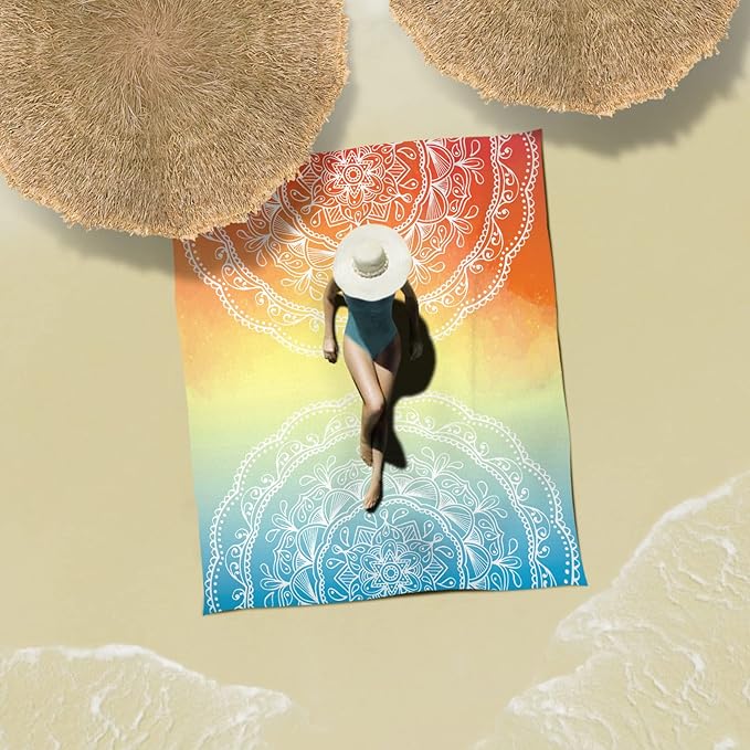 Sunlit Silky Soft 85"x72" Boho Sand Proof Beach Blanket Sand Proof Mat with Corner Pockets and Mesh Bag for Beach Party, Travel, Camping and Outdoor Music Festival, Light Orange and Sky Blue Mandala