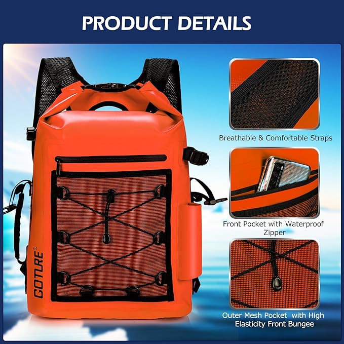 Goture Dry Bag Waterproof Backpack,20L Fishing Tackle Bag with Rod Holder,Padded Shoulder Straps and Air Exhaust Valve,500D PVC Dry Sack Bag with Phone Case for Kayaking,Boating,Fishing,Travel