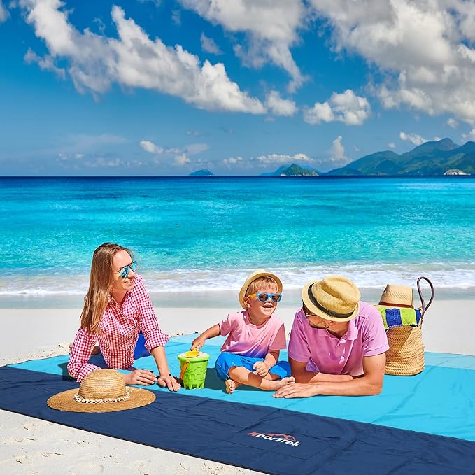 Beach Blanket Sandproof, Extra Large Beach Mat, Sand Free Mat Quick Drying, Lightweight, Soft & Durable Mat for Beach, Yard (Sky Blue & Blue & Dark Blue, 10 x 10 FT (1~9 Person))