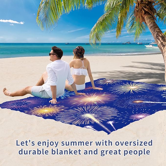 BYDOLL Beach Blanket Sandproof Waterproof Firework 78''×81''1-4 Adults Compact Lightweight Oversized Beach Blanket Large Picnic Mat Beach Blanket for Travel Camping Hiking Picnic