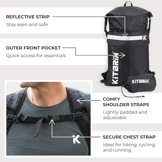 KitBrix PoKit Packable Daypack - Waterproof Dry Bag Backpack for Hiking, Running, Cycling, Camping & Outdoor Adventures - 25L Rolltop Backpack - Ultra-Light Day Pack & Swimming Bag