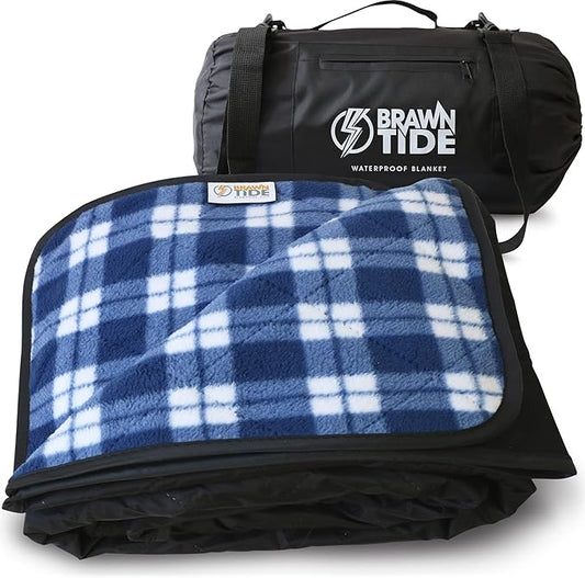 BRAWNTIDE Large Outdoor Waterproof Blanket - Quilted, Extra Thick Fleece, Warm, Windproof, Sandproof, Includes Stuff Sack, Shoulder Strap, Ideal for Beaches, Picnics, Camping, Stadiums, Dogs, Car