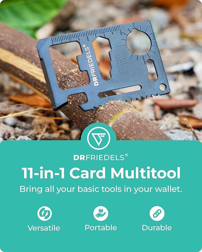 Credit Card Multitool - 11 in 1 Wallet Tool with Can Opener, Knife, Bottle Opener, Screwdriver, Ruler & More - Compact Multitool Card for Repairs, Camping & DIY activities by DrFriedels