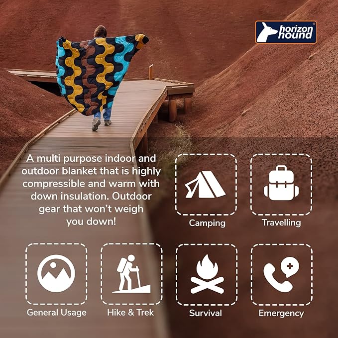 Horizon Hound Down Camping Blanket - Outdoor Travel Blanket | Sustainable Insulated Down | Lightweight & Warm Quilt for Camping, Stadium, Hiking & Festival | Water Resistant, Packable & Compact