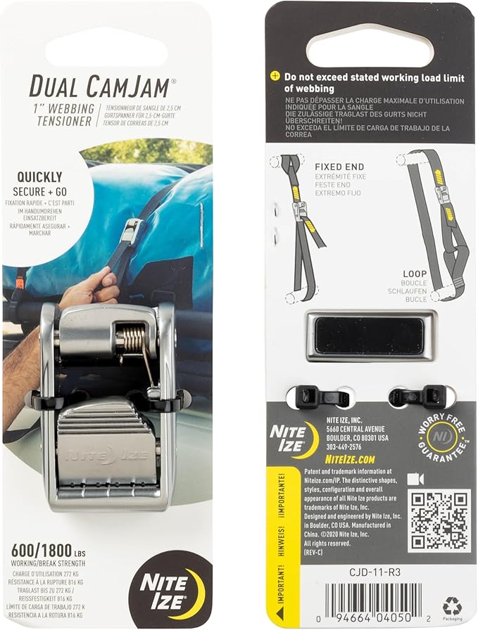 Nite Ize Dual CamJam Tie Down System - Durable Tie Down Strap for Camping Accessories & Moving Supplies - Strap with Zinc Alloy Buckle - Fits Standard 1" Webbing