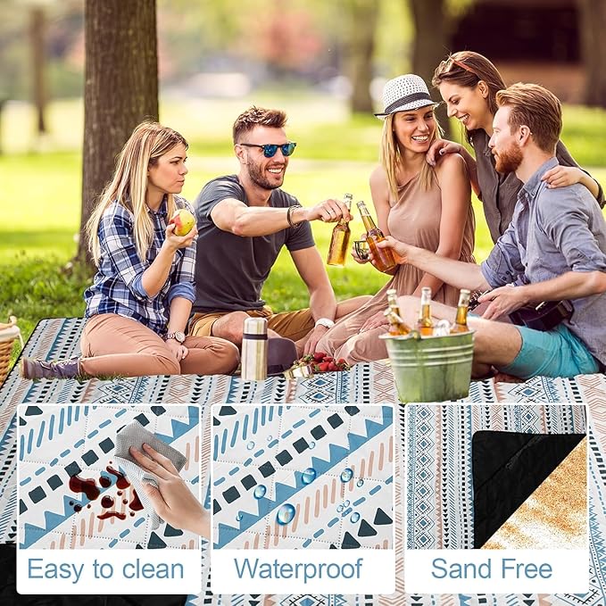 Picnic Blanket Extra Large(79" x 82"), 3-Layer Thickening Camping Blanket, Machine Washable Outdoor Blanket, Wear-Resistant, Soft and Comfortable, Sandproof Beach Mat for Beach, Park, Lawn