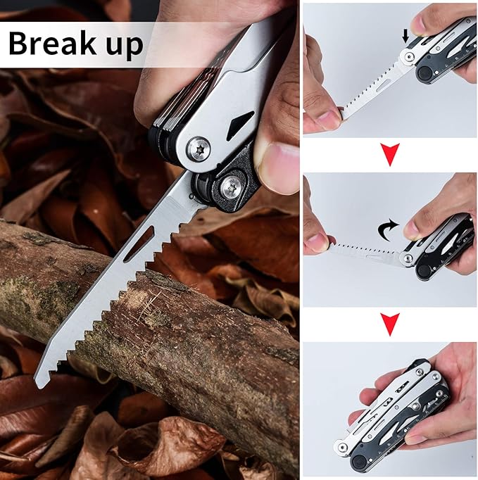 Multitool Pocket Knife for Men, Tactical Multi Tool Saw, Screwdriver kit, Flint with Nylon Pouch, Detachable Large Scissors Plier for Camping, Survival, Dad Gifts Ideas