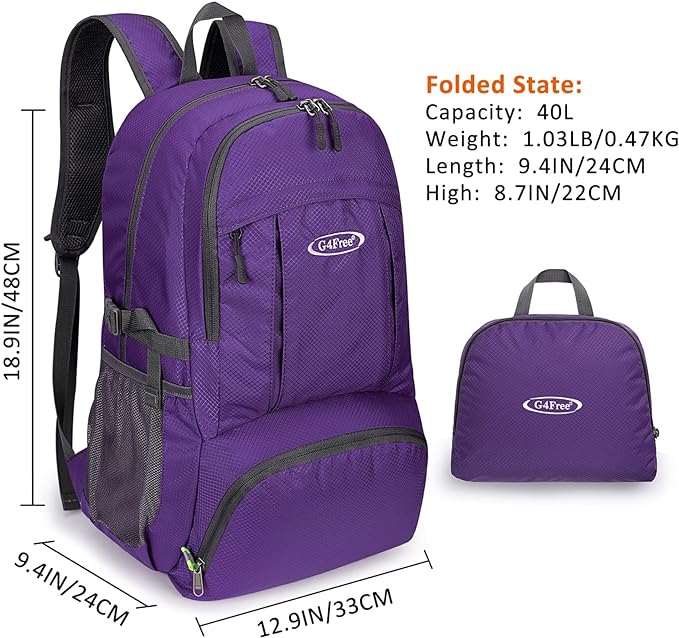 G4Free 40L Lightweight Packable Hiking Backpack, Waterproof Travel Daypack