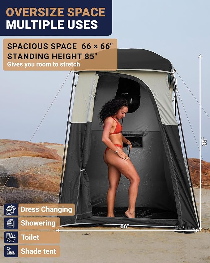 KingCamp Camping Shower Tent, Portable Outdoor Privacy Toilet & Changing Tent Windproof & Waterproof Easy Setup 1 or 2 Room Shelter with Shower Bag for Camping Hiking Beach
