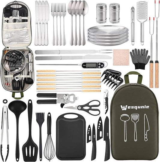 Camping Essentials Cookware Cooking Utensils Set - Camping Kitchen Utensils, Portable Outdoor Accessories, Stainless Steel & Silicone, Camping Gear Equipment for RV Picnic Grill