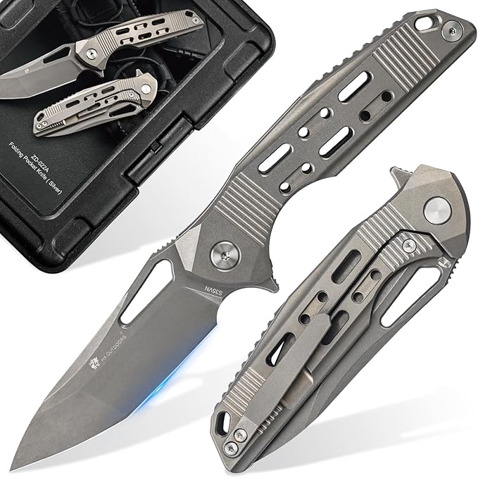 HX OUTDOORS Foldable Pocket Knife with Lock, High End S35VN Steel Folding Knife with Non Slip Titanium Alloy Handle(Silver)