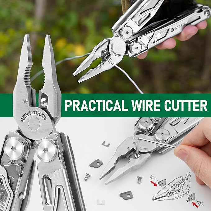 BIBURY Multitool Pliers Pro BI2045, Foldable Multitools with Replaceable Wire Cutters and Saw, Stainless Steel Multi Tool w/Upgraded Scissors and Screwdriver Set, Ideal for Camping, Fishing, Survival