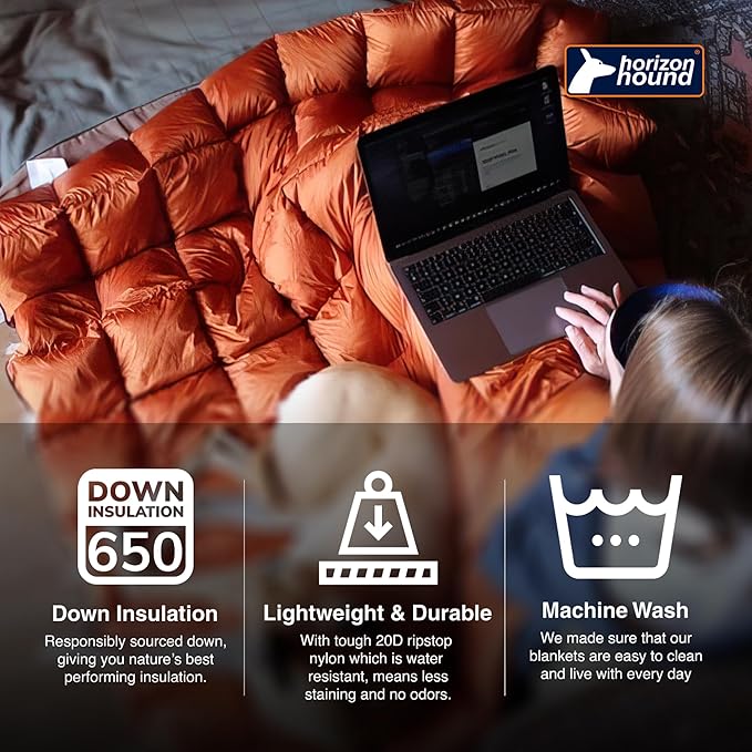 Horizon Hound Down Camping Blanket - Outdoor Travel Quilt | Sustainable, Insulated, Lightweight & Warm Gear for Sleep, Camping, Stadium, Hiking & Festivals | Water Resistant, Packable & Compact