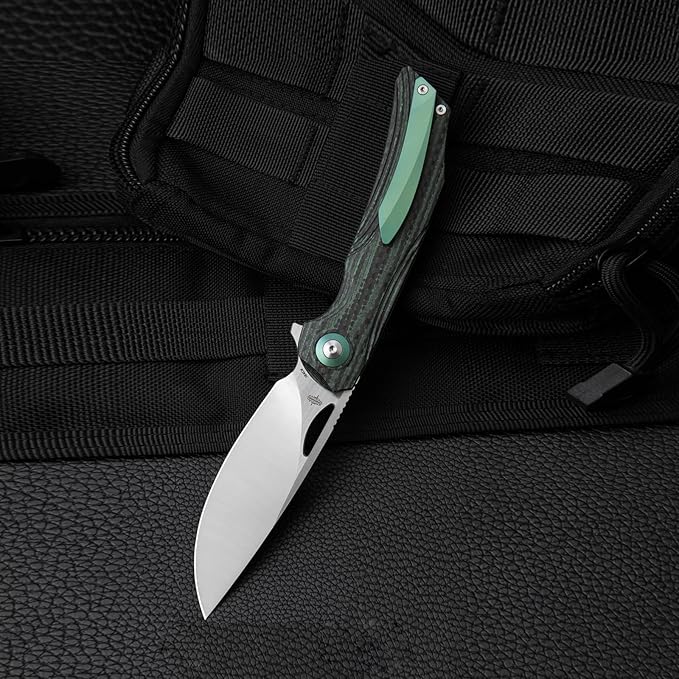 BESTECH KNIVES Pocket Folder Folding Knife: 3.54" 154CM Steel Satin Blade, Carbon Fiber and G10 Scales, Flipper, Liner Lock, EDC Titanium Clip, BL01C (Black Green)