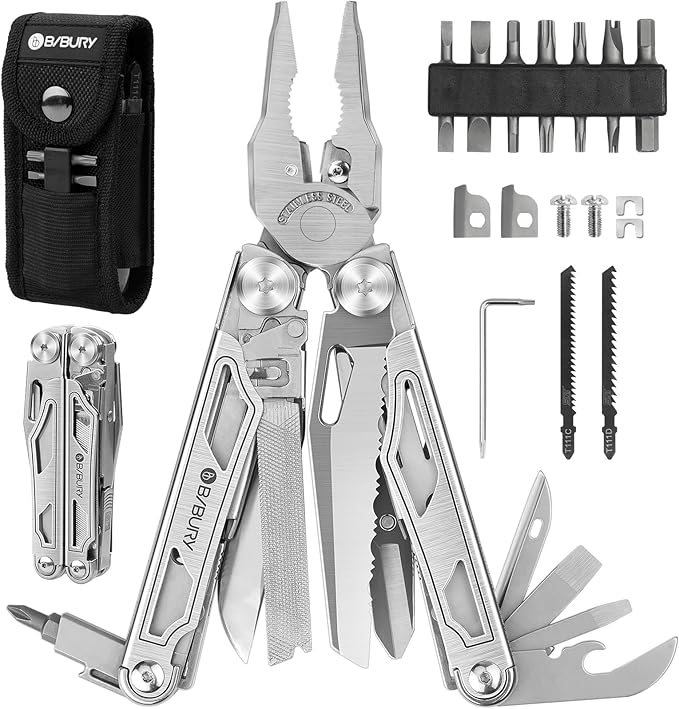 BIBURY Multitool Pliers Pro BI2045, Foldable Multitools with Replaceable Wire Cutters and Saw, Stainless Steel Multi Tool w/Upgraded Scissors and Screwdriver Set, Ideal for Camping, Fishing, Survival