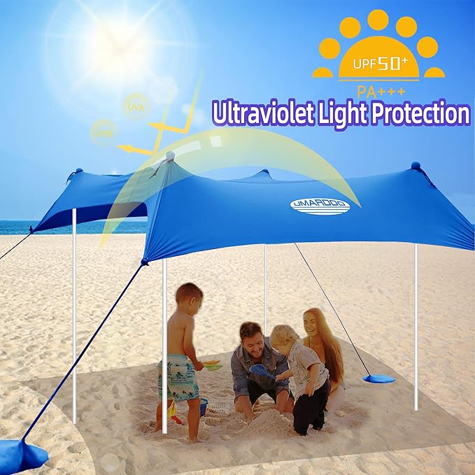 UMARDOO Family Beach Tent Canopy Sun Shade Portable 7×7FT, Large Wind Resistance Beach Sun Shelter Easy Setup with Packable Carry Bag for Outdoor Travel UPF 50+(Blue)