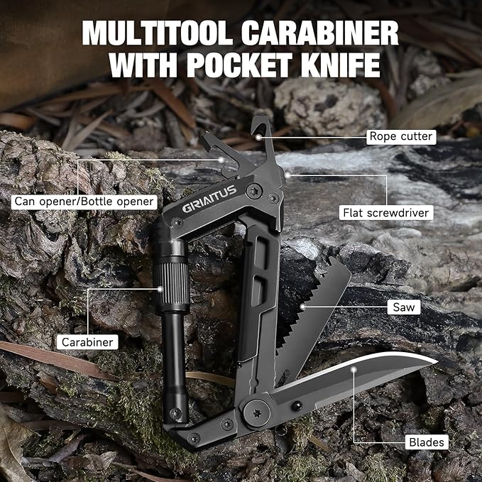 8-in-1 Carabiner Multitool with Pocket Knife and Survival Gear, Outdoor Essentials