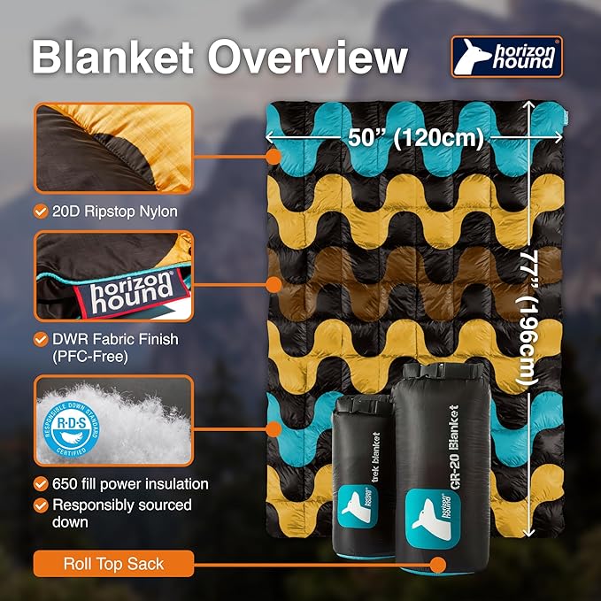 Horizon Hound Down Camping Blanket - Outdoor Travel Quilt | Sustainable, Insulated, Lightweight & Warm Gear for Sleep, Camping, Stadium, Hiking & Festivals | Water Resistant, Packable & Compact