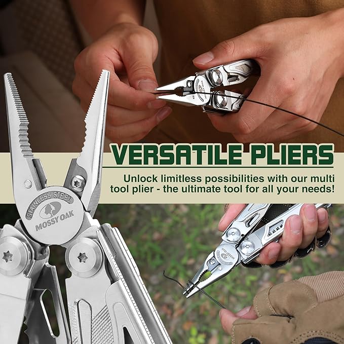 MOSSY OAK Multitool, 19-in-1 Stainless Steel Multi Tool Pliers, Self-locking EDC Gear with Sheath for Outdoor, Survival, Camping, Hiking
