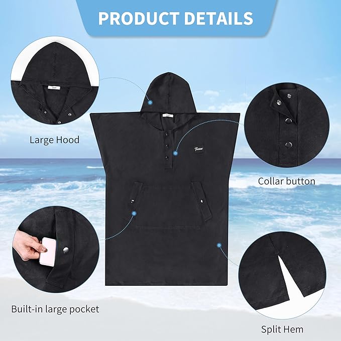 Tirrinia Hooded Surf Poncho Changing Towel Summer Swim Robe with Pocket, Quick Dry Towel Hoodie for Surfing Swimming Diving Men Women