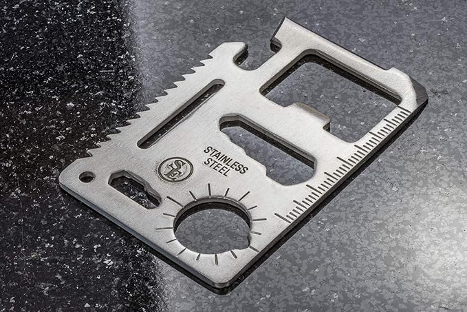 SE 11-Function Stainless Steel Survival Pocket Tool - Compact, Credit Card-Sized Multi-Tool with Leatherette Case - Ideal for Camping, Hiking, and Outdoor Activities- MT908-1