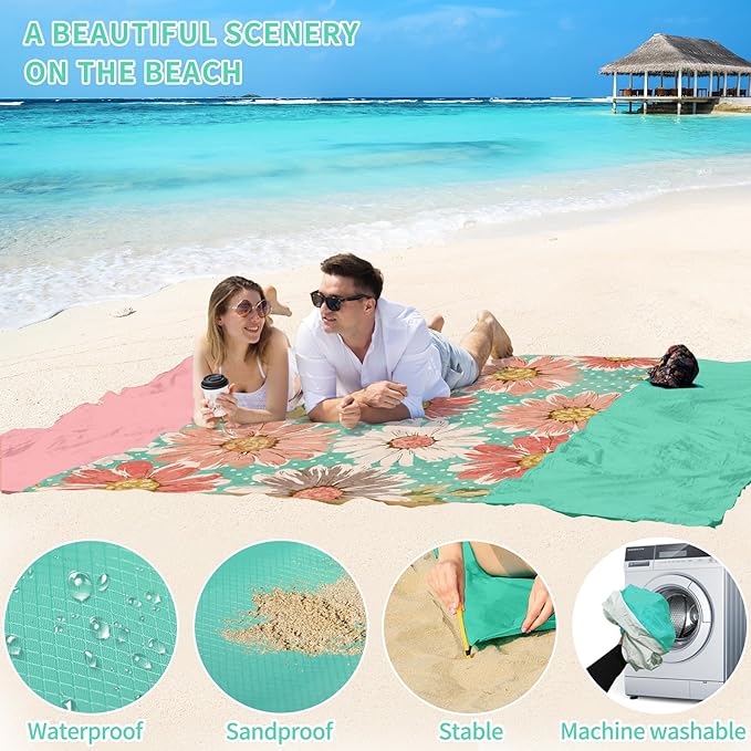BYDOLL Beach Blanket Sandproof Waterproof 78''×81'' 1-4 Adults Compact Lightweight Oversized Beach Blanket Large Picnic Mat Beach Blanket for Travel Camping Hiking Picnic