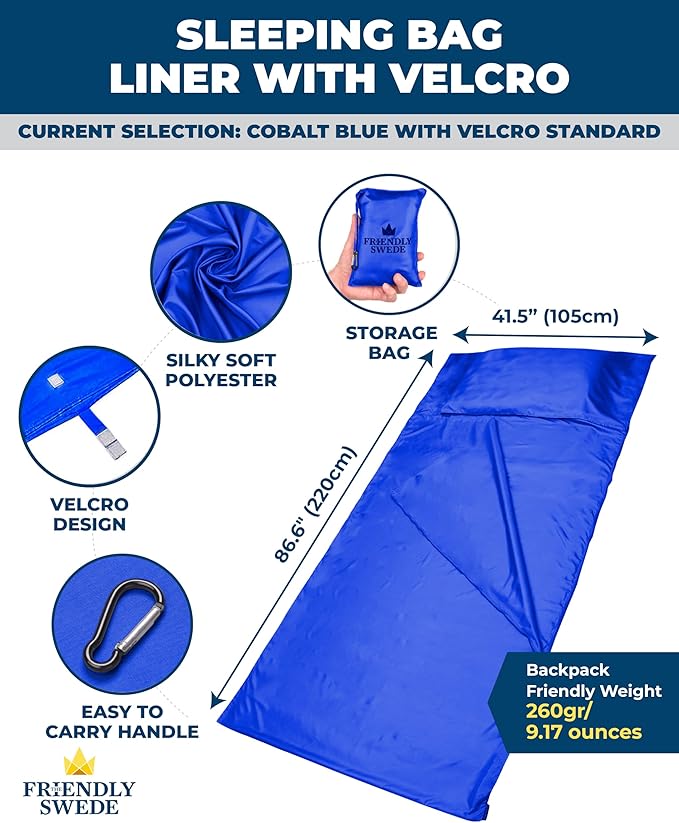 The Friendly Swede Sleeping Bag Liner Ultralight - Thin Travel Sheets for Hotel; Silky Feel Camping Sheets & Adult Sleep Sack for Backpacking and Hiking; Travel Sleeping Bag - Blue (Velcro)