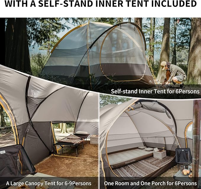 Naturehike KOTA 4-6 Person Camping Tent, Double Layer Waterproof 4 Person 6 Person Tents for Camping, Large and Tall Family Tent with Vestibules