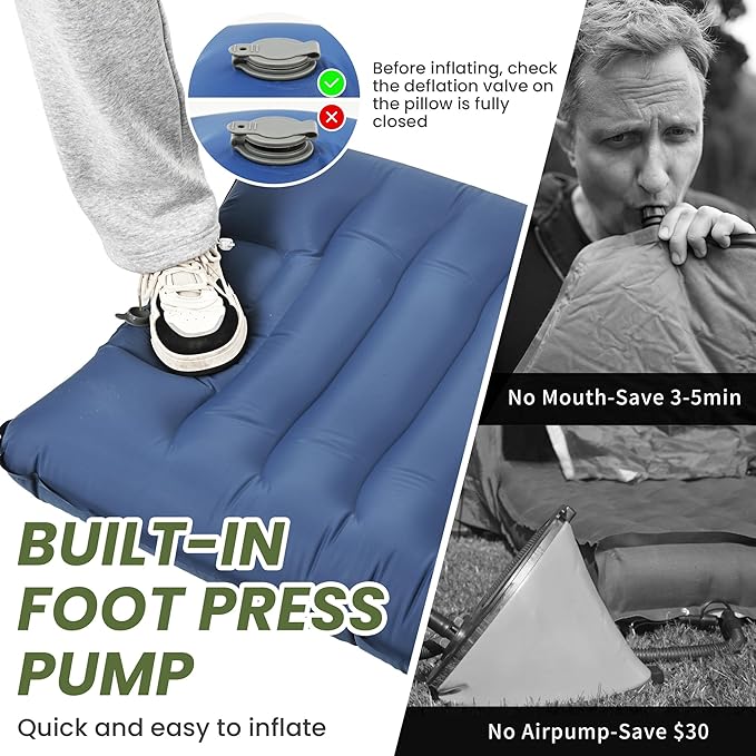ropoda Upgraded Extra Thickness 6'' Inflatable Sleeping Pad with Pillow, Built-in Foot Pump, 77''*27'' Camping Pad with Carry Bag, Ultralight & Compact Camping Mat Pad for Hiking, Blue