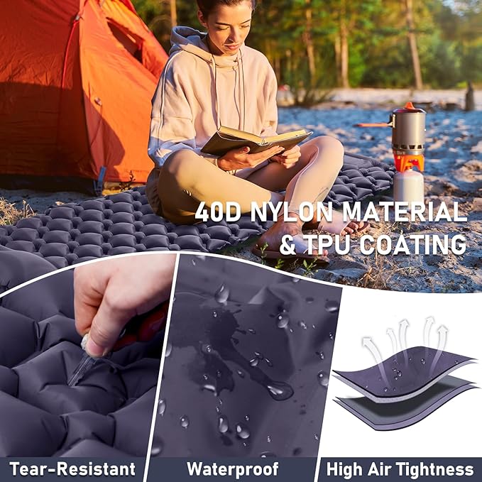 Camping Sleeping Pad with Compass, Ultralight Inflatable Sleeping Mat with Pillow, Built-in Foot Pump, Portable Camping Air Mattress for Backpacking Hiking Traveling Tent (Navy)