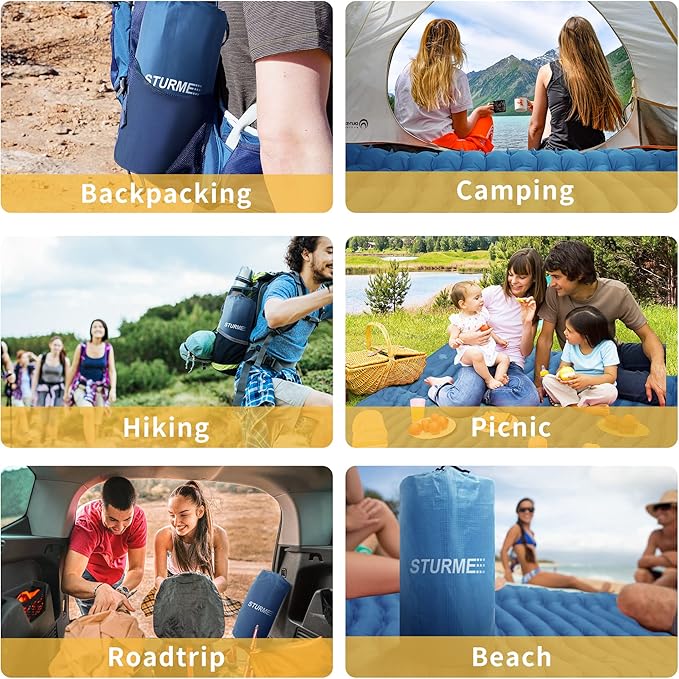 STURME Sleeping Pad for Camping, 3.9 Inch Extra-Thick Self-Inflating Camping Mattress with Foot Pump, Compact Air Mattress Ultralight Sleeping Mat with Pillow for Backpacking, Hiking, Outdoor -Blue