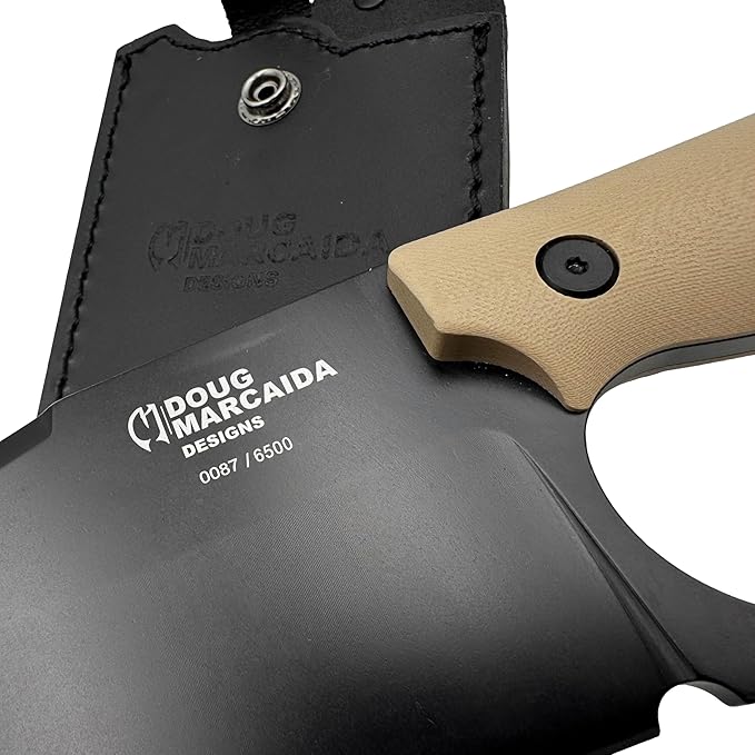 Doug Marcaida Grande Fratello Serbian Cleaver Knife 8.5in Stainless Steel Full Tang Fixed Blade Bushcraft Survival Cooking Knife - Top Grain Leather Sheath With Belt Loop, Black