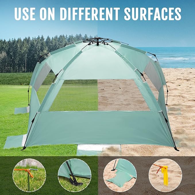 WhiteFang Deluxe Pop Up Beach Tent Sun Shade Shelter for 3-4/5-6 Person, UV Protection, Extendable Floor with 3 Ventilating Windows Plus Carrying Bag, Stakes, and Guy Lines