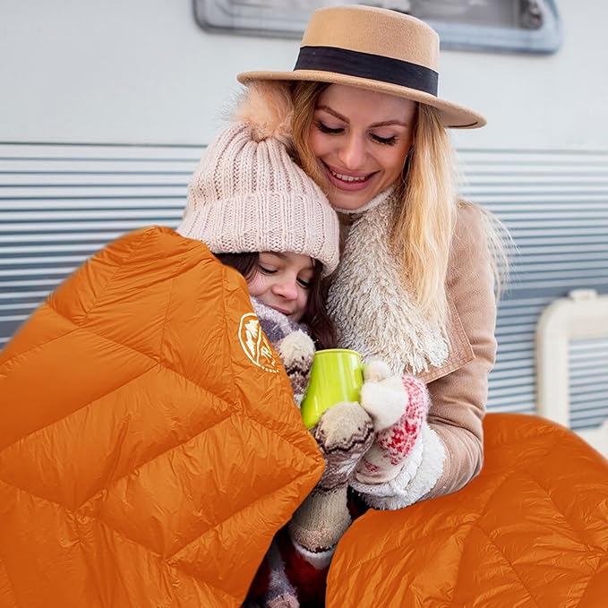 Luxurious Ultralight Down Camping Blanket | Perfect for Backpacking | Packable Puffy Outdoor Quilt with Hood & Pad Straps | Ideal for Travel Camping & Soccer Moms | 80x54 Orange