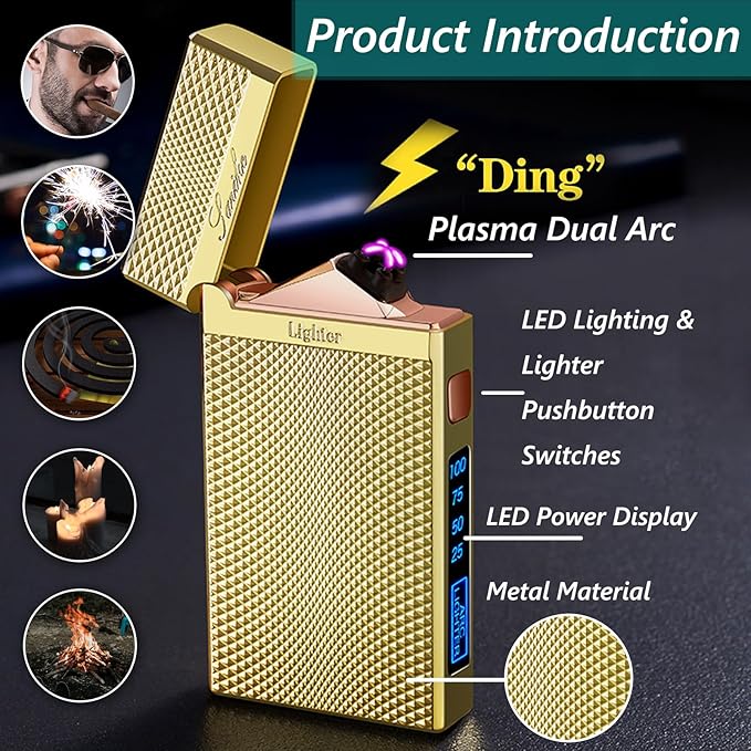 Electric Lighter for Men, Windproof Dual Arc Flameless Lighter, Plasma Lighter Rechargeable for BBQ, Outdoor Adventures (Gold)