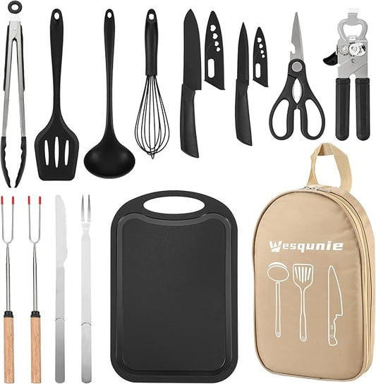 Camping Essentials Cookware Cooking Utensils Set - Camping Kitchen Utensils, Portable Outdoor Accessories, Stainless Steel & Silicone, Camping Gear Equipment for RV Picnic Grill