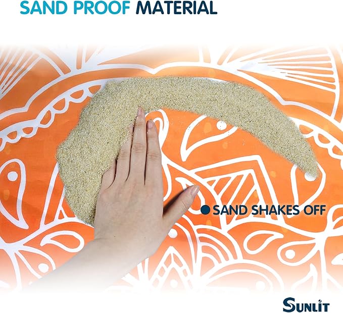 Sunlit Silky Soft 85"x72" Boho Sand Proof Beach Blanket Sand Proof Mat with Corner Pockets and Mesh Bag for Beach Party, Travel, Camping and Outdoor Music Festival, Light Orange and Sky Blue Mandala