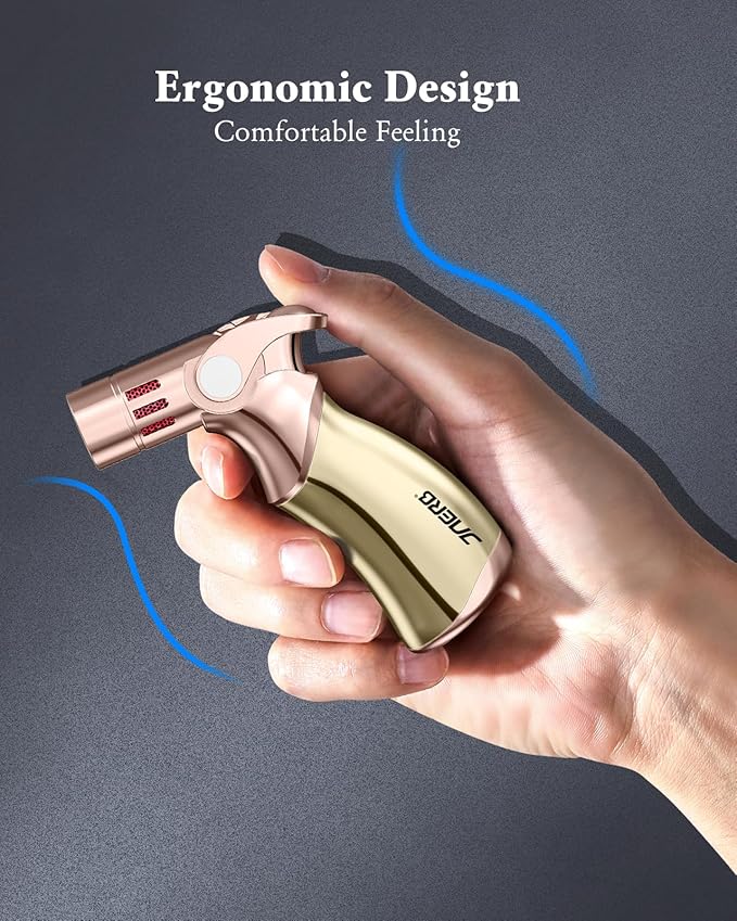 Torch Lighter, Adjustable 4 Jet Flame Refillable Butane Fuel Lighter Windproof Mini Butane Torch Lighter for Grill BBQ Gas Fireplace Fire Camping (Butane Gas Not Included) (Golden)