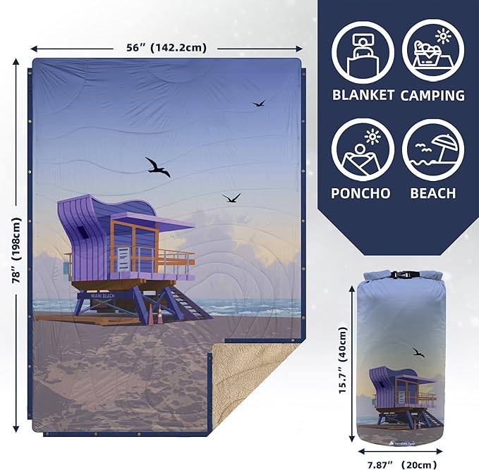 Outdoor Camping Blanket with Sherpa Lining, Extra Warm Thick Camp Blankets & Puffy Ultralight Soft Poncho DWR Camping Quilt for Cold Weather, Adventure,Sleeping,Backpacking 78"x 56"
