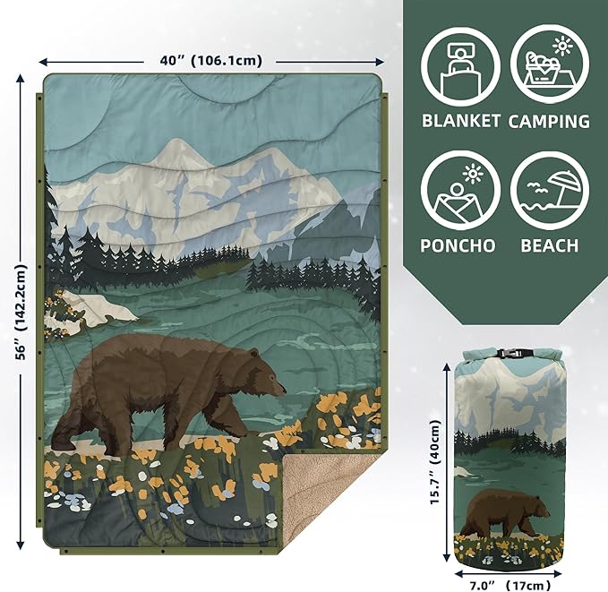 Outdoor Camping Blanket with Sherpa Lining, Extra Warm Thick Camp Blankets & Puffy Ultralight Soft Poncho DWR Camping Quilt for Cold Weather, Adventure,Sleeping,Backpacking 56"x 40"