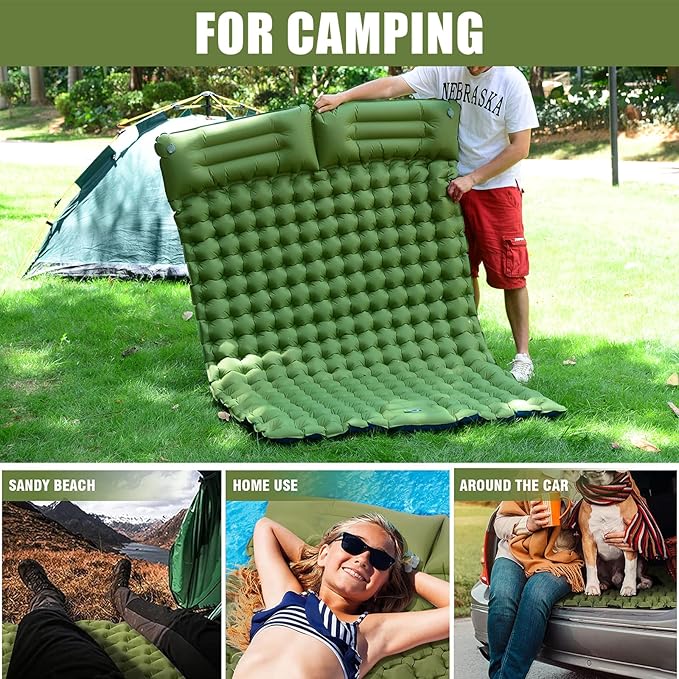 Queen Size Sleeping Pad for Camping, Lightweight Waterproof Camping Air Mattress with Built-in Pump Camping Bed for Backpacking Gear, Hiking, Tent, Traveling Green