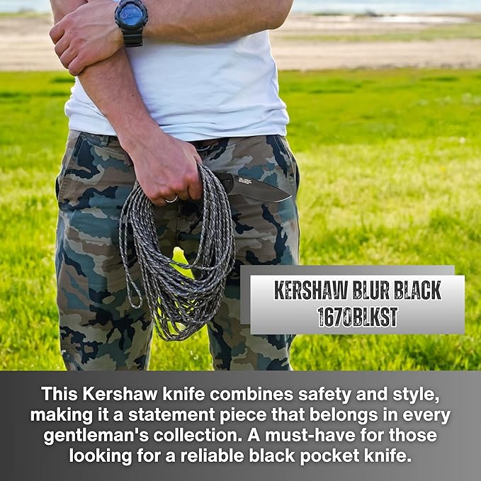 Worldwide Nutrition Bundle: Kershaw Blur Black Serrated Folding Knife - 3.4” 14C28N Steel Blade, Reversible Pocket Clip, EDC - All-Black Body with Trac-Tec Grip - 3.9OZ Pocket Knife for Men