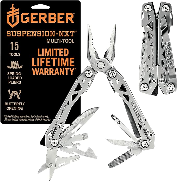 Gerber Multitool Suspension-NXT 15-in-1 EDC Pocket Knife Set with Wire Stripper, Needle Nose Pliers, and Pocket Clip, Gifts for Men, Stainless Steel