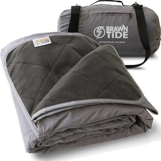 BRAWNTIDE Large Outdoor Waterproof Blanket - Quilted, Extra Thick Fleece, Warm, Windproof, Sandproof, Includes Stuff Sack, Shoulder Strap, Ideal for Beaches, Picnics, Camping, Stadiums, Dogs, Car